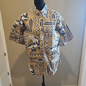 Men's Blue and Tan Patterned Shirt